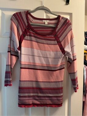 Striped Pink and Burgundy Button-Trim Ribbed Women's Top
